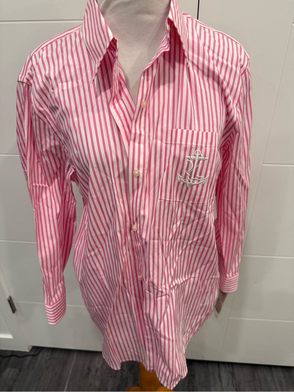 Ralph Lauren Pink and White Striped Button-Up Shirt with Anchor Embroidery - Picture 2 of 9